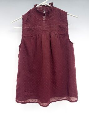 LOFT Petite XXSP Burgundy Smocked Sleeveless Blouse Ruffle Neck Tank Top
